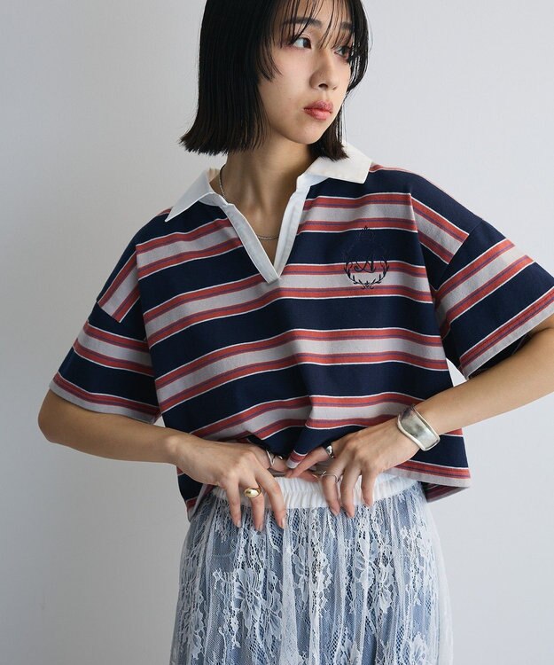 Green Parks エムブレム刺繍ショートボーダーカットソー Navy