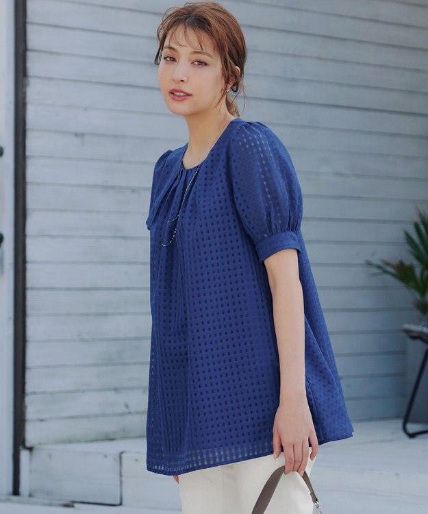 Tiaclasse 【洗える】シアーチェックパフスリーブチュニックブラウス ブルー