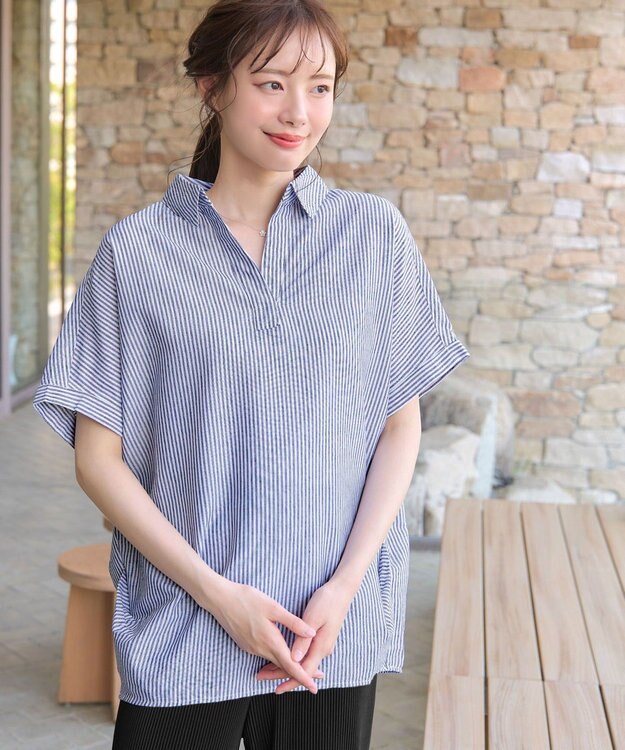 Tiaclasse 【洗える】 リネンミックススキッパーシャツ ブルーストライプ