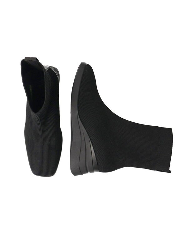 INTER-CHAUSSURES 【BUSSOLA】スクエアトゥウェッジヒールニットブーツ ブラック雑材