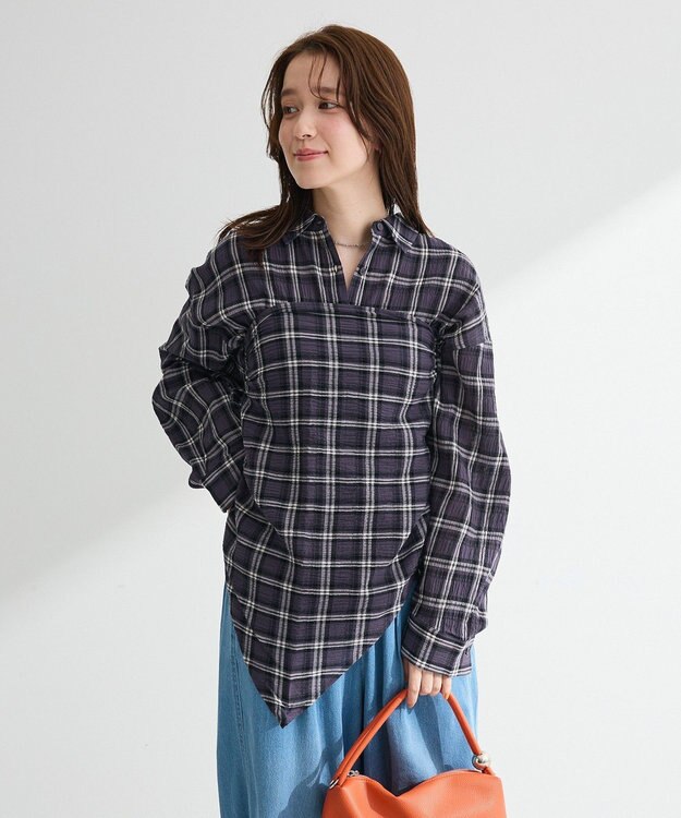 Green Parks スカーフ付チェックシャツ Charcoal Gray