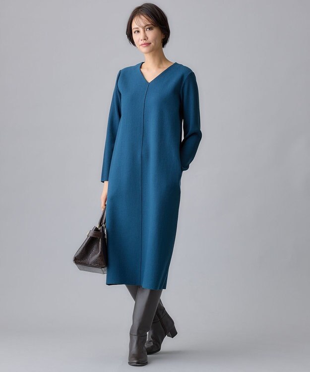 自由区 L ウールニットコンビジャージーVネック ワンピース リッツブルー系