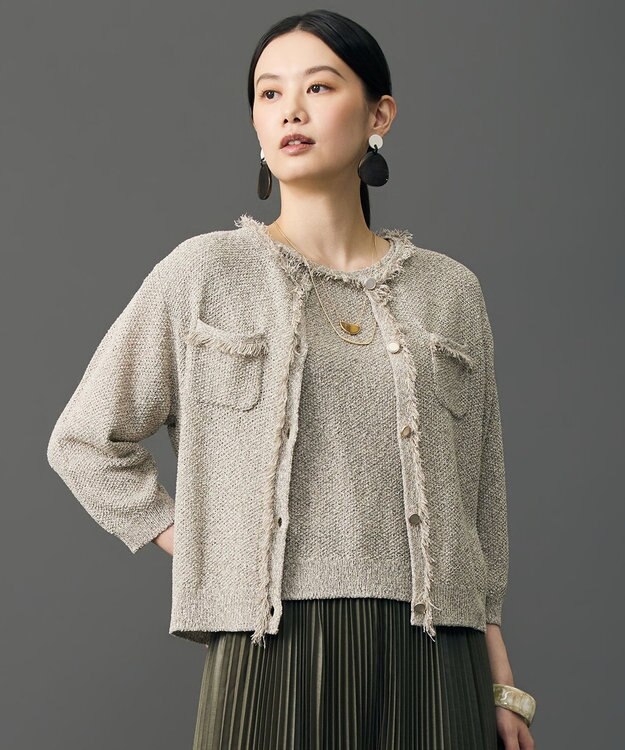 自由区 S 【上品・華やか・アンサンブル可】ドライツイーディー ニットジャケット風 カーディガン モカ系