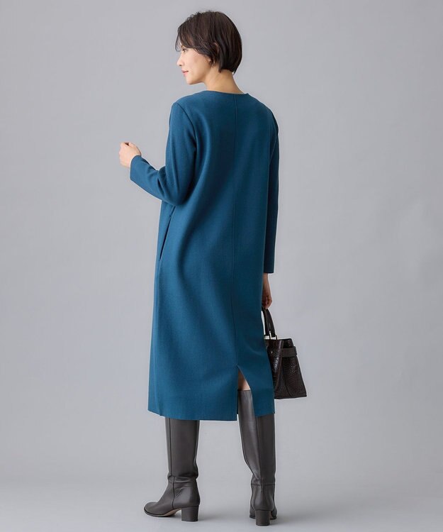 自由区 L ウールニットコンビジャージーVネック ワンピース リッツブルー系