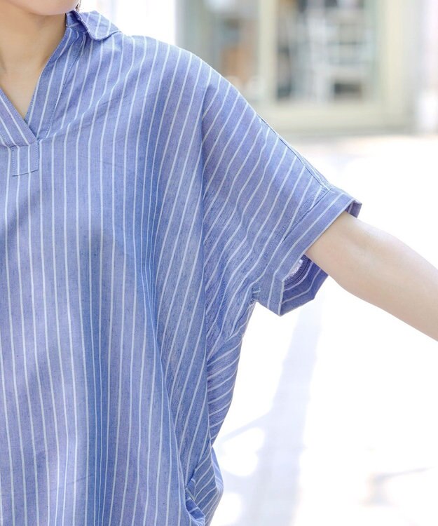 Tiaclasse 【洗える】 リネンミックススキッパーシャツ サックスストライプ