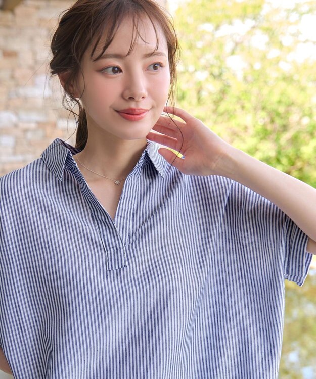 Tiaclasse 【洗える】 リネンミックススキッパーシャツ ブルーストライプ