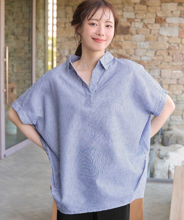 Tiaclasse 【洗える】 リネンミックススキッパーシャツ サックスストライプ