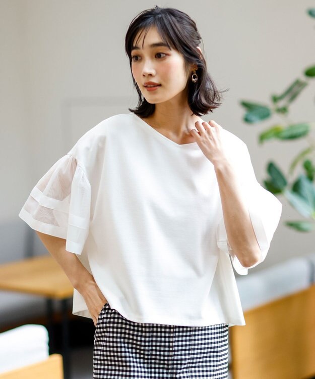 ANY SIS ゆるVネックチュールフリル袖 プルオーバー オフ