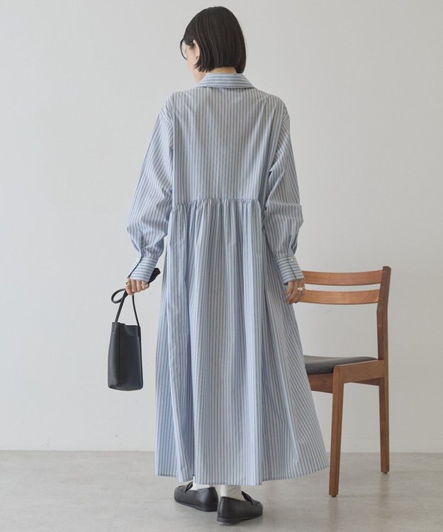 AMERICAN HOLIC 【イージーケア】ギャザーシャツワンピース Stripe Sax