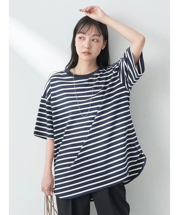 earth music&ecology ラウンドチュニックＴ Border Navy