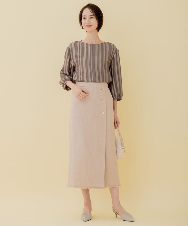 自由区 【XSサイズ～/洗える/セット可】オパールストライプ ブラウス キャメル系