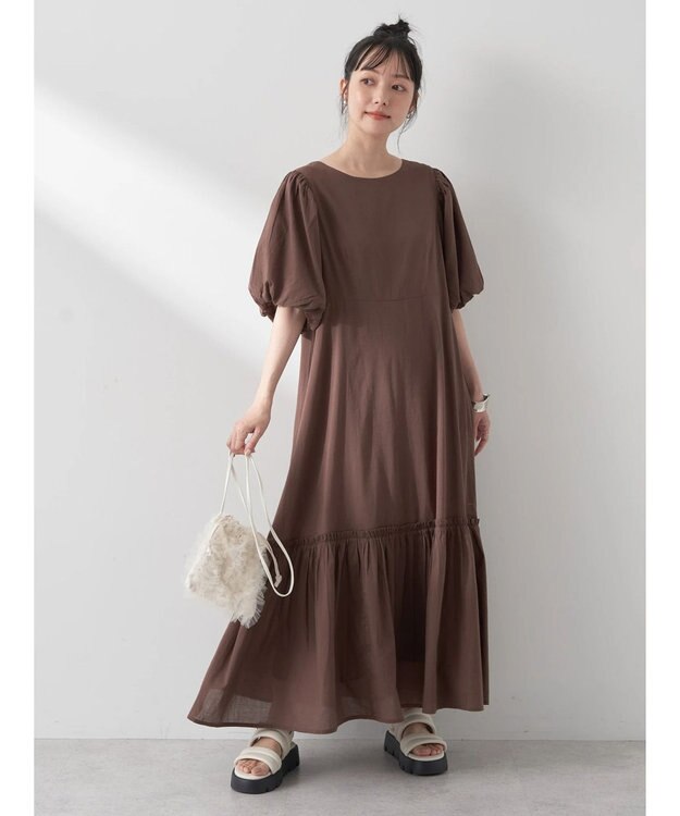 earth music&ecology コットンボイルパフスリーブワンピース Brown