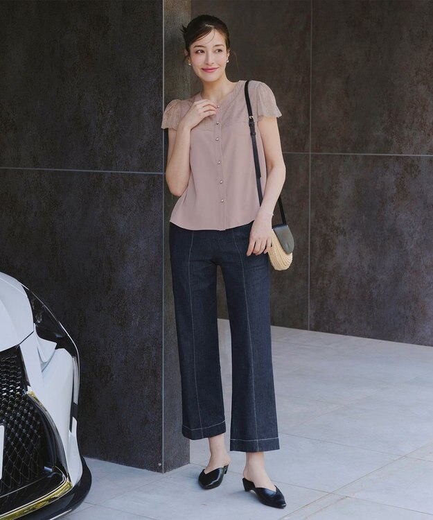 Tiaclasse 【洗える】TCデニム切替ワイドストレートパンツ ネイビー