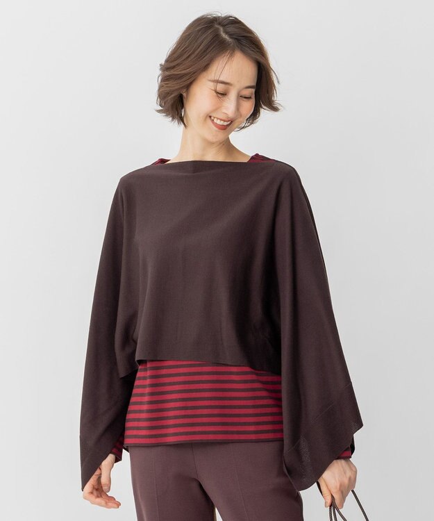 自由区 【洗える/セットアイテム】マルチWAYコンビ ニットポンチョ×プルオーバー ブラウン系ボーダー