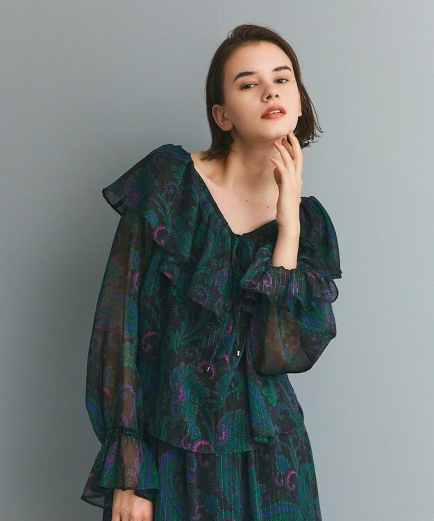 GRACE CONTINENTAL ラメストライププリントブラウス ブラック