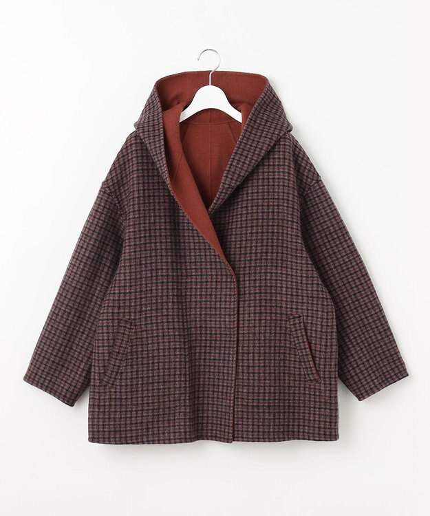 自由区 【リバーシブル】ウールリバー フード付きショートコート レッド系