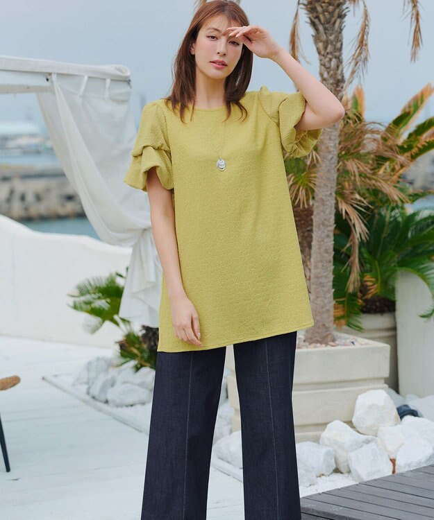 Tiaclasse 【洗える】TCデニム切替ワイドストレートパンツ ネイビー