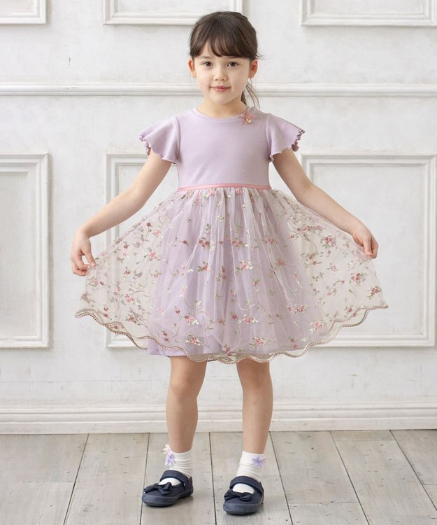 ANY KIDS 刺繍チュールガーリー ワンピース ラベンダー
