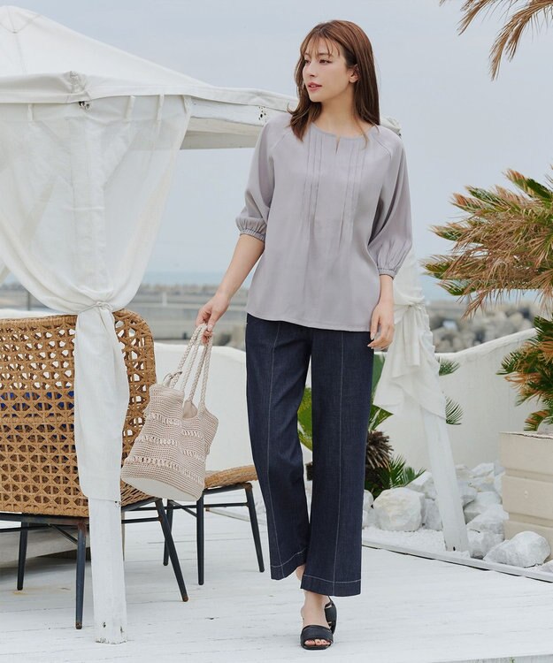 Tiaclasse 【洗える】TCデニム切替ワイドストレートパンツ ネイビー