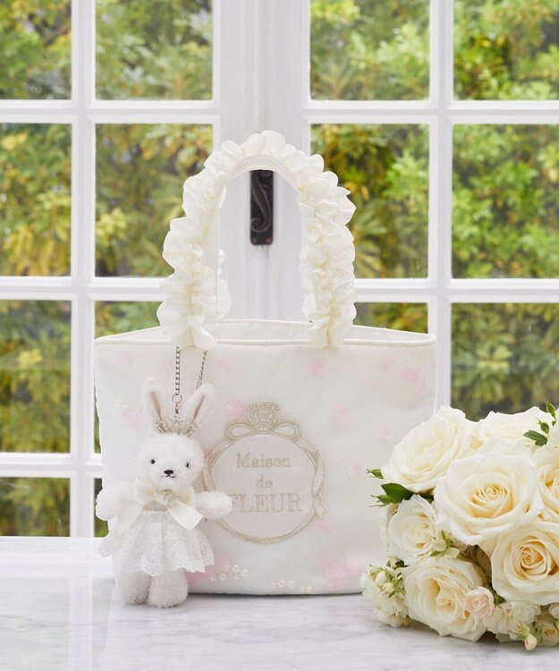 Maison de FLEUR マリエペタルパールフリルハンドルトートバッグ Off White