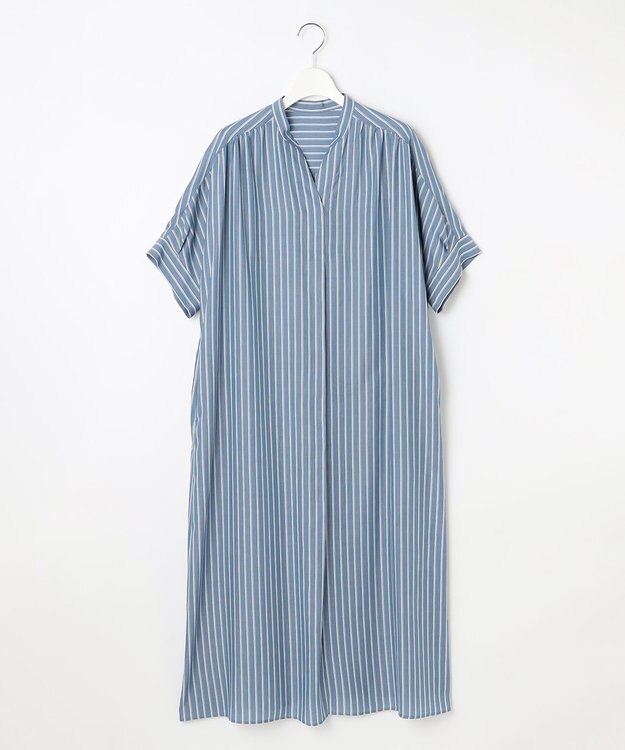 自由区 S 【接触冷感・UVケア・抗菌防臭・洗える】リヨセルポプリンシャツ ワンピース ブルーストライプ
