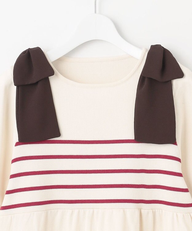 Feroux 肩リボン ペプラムニット ピンク系ボーダー