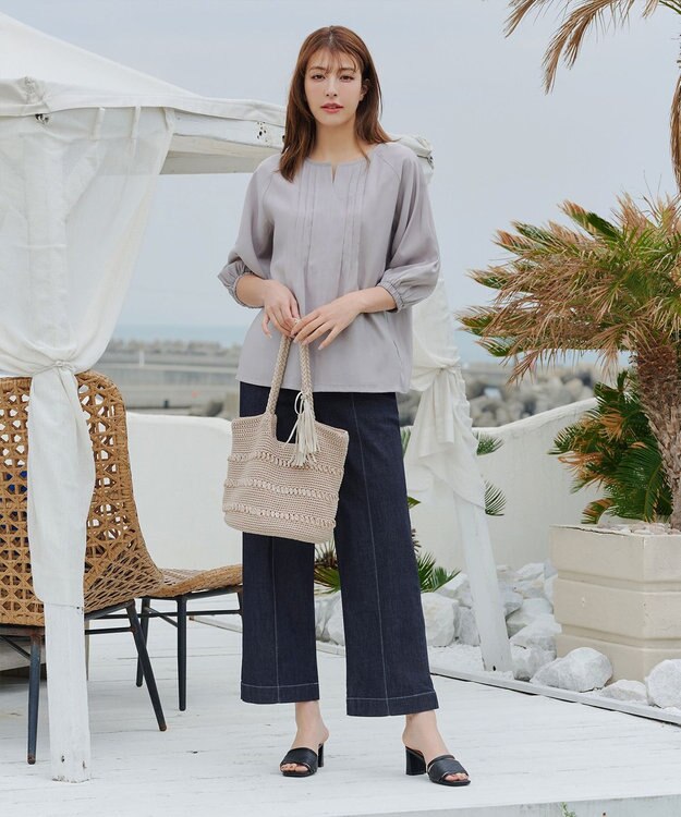 Tiaclasse 【洗える】TCデニム切替ワイドストレートパンツ ネイビー