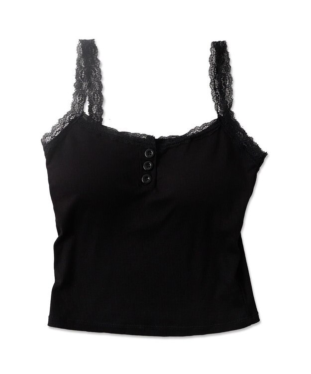 WEGO 【カップ付きインナー】パット付きフロントボタンレースキャミ ブラック