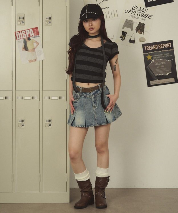 WEGO ベルト付きウォッシュドデニムミニスカパン デニム淡色