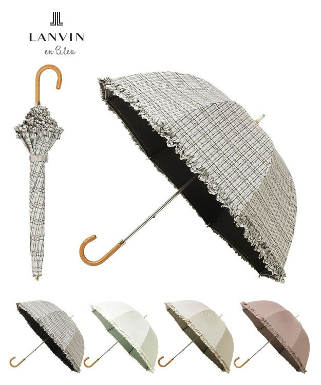 MOONBAT 【晴雨兼用日傘】LANVIN en Bleu (ランバン オン ブルー) 長傘 ドビーフリル 遮光 遮熱 UV ダークグレー（ツイードプリント）