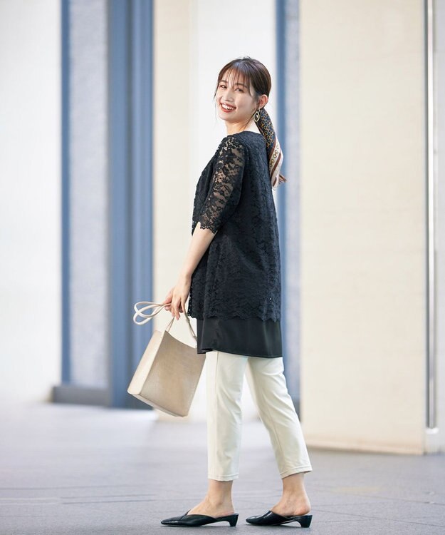 Tiaclasse 【洗える】スカラップレースチュニックブラウス ブラック