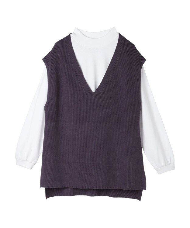 CRAFT STANDARD BOUTIQUE 【2点セット】洗える 60/2 14G片畦Vネックベスト+ロンTEE SET Purple