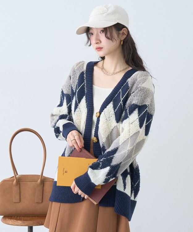 earth music&ecology ループ編みアーガイルカーディガン Navy