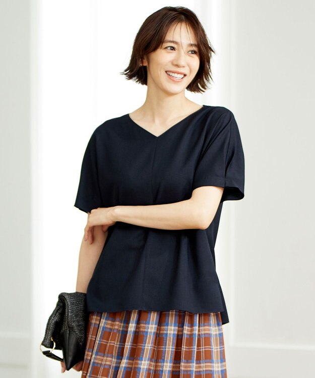 自由区 【接触冷感・速乾・UVカット・撥水・防シワ】リネンライクツイル プルオーバーブラウス ネイビー系