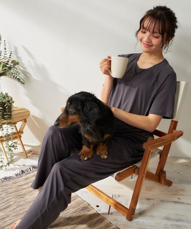 OP／FILA 【FILA】犬や猫の毛がつきにくいルームウェア上下セット/半袖 ダークグレー