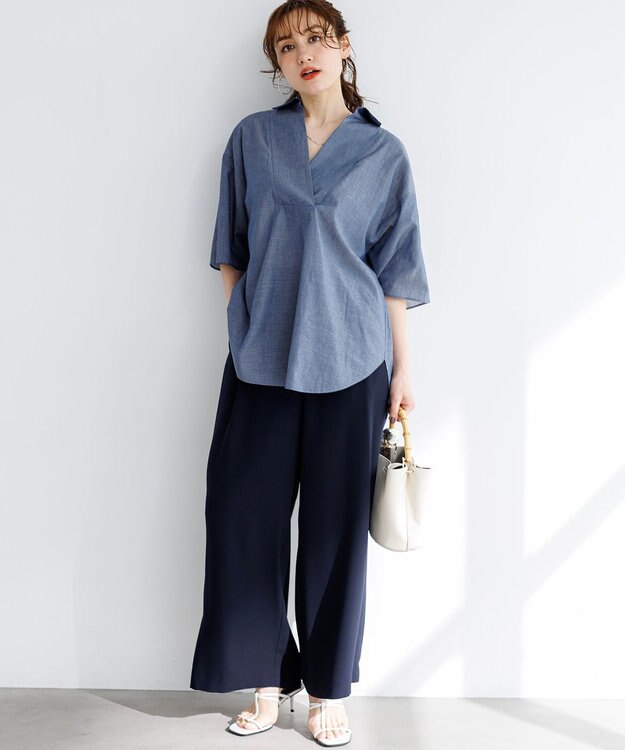 23区 L 【Lサイズ限定】リラックスシルエット スキッパーシャツ ネイビー系