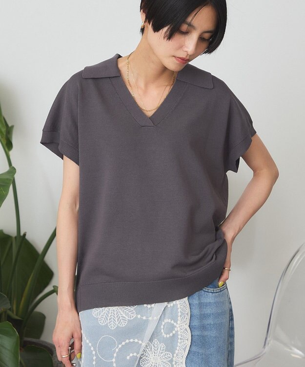 AMERICAN HOLIC フレンチスリーブスキッパールーズニットプルオーバー Charcoal Gray