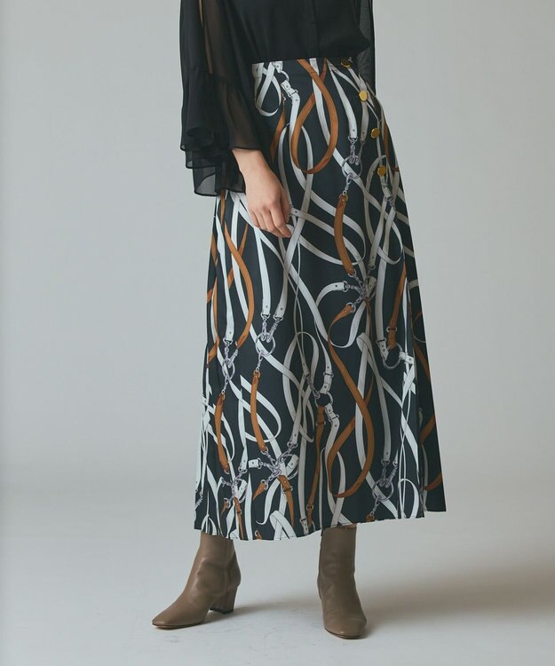 GRACE CONTINENTAL ベルトプリントアシメプリーツスカート ブラック