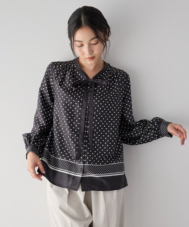 YECCA VECCA ドットパネル柄リボンブラウス Black