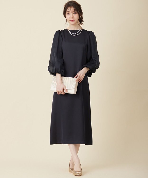 ANY SIS 【洗える】シフォンスリーブサック ドレス ネイビー