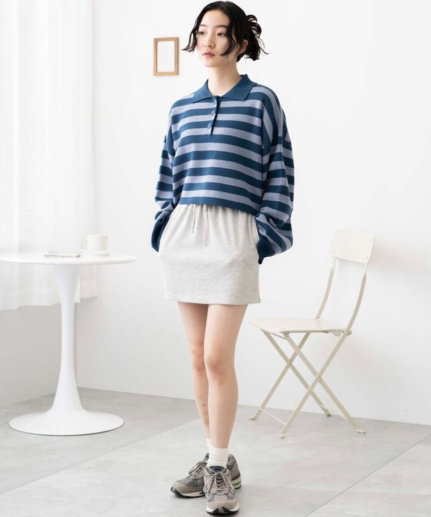 WEGO ボーダーニットポロ ブルーボーダー