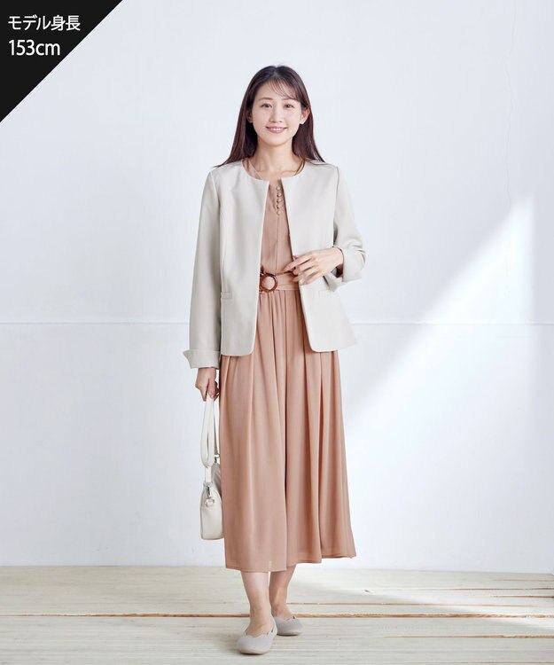 Tiaclasse L 【ダブルクロス・洗える】ノーカラージャケット グレージュ