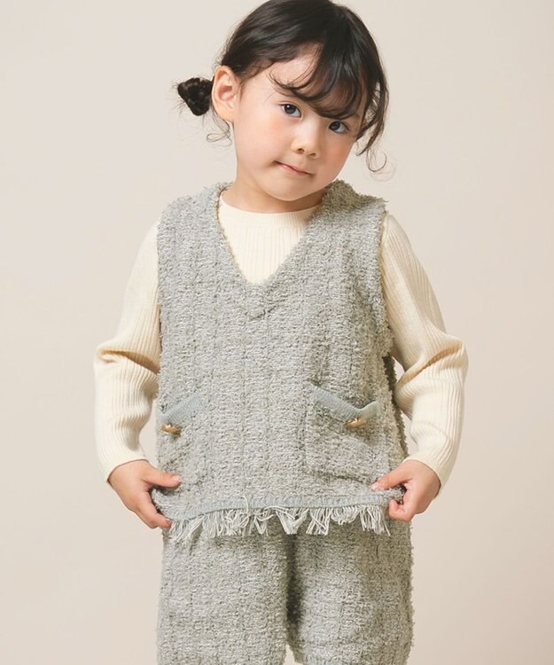 ami amie ツイード風ニットフリンジ付きベスト85cm～130cm グレー