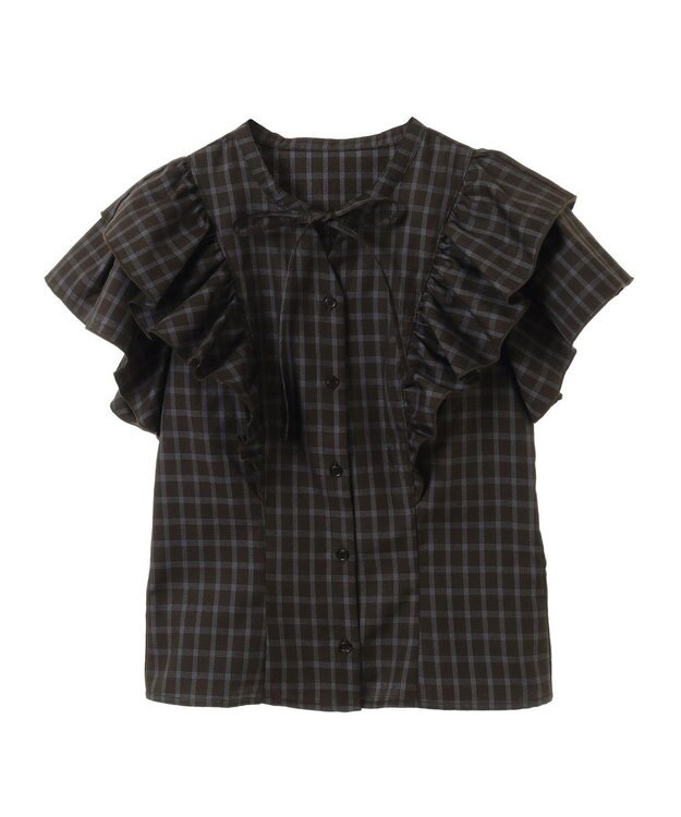 earth music&ecology フリルチェックブラウス Dark Brown