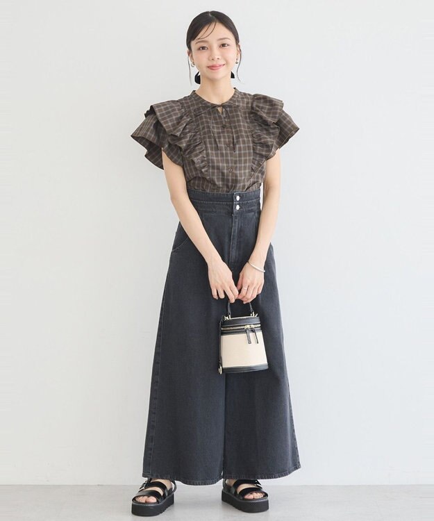 earth music&ecology フリルチェックブラウス Dark Brown