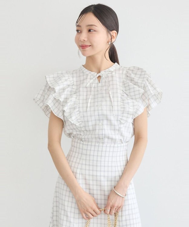 earth music&ecology フリルチェックブラウス Off White