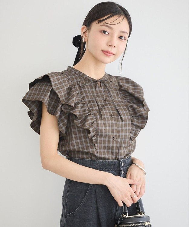 earth music&ecology フリルチェックブラウス Dark Brown