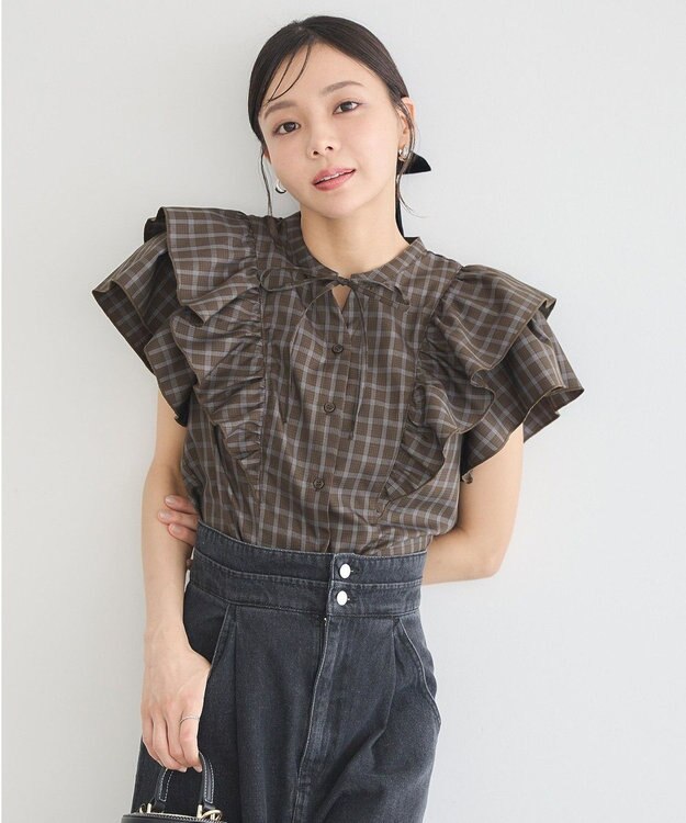 earth music&ecology フリルチェックブラウス Dark Brown