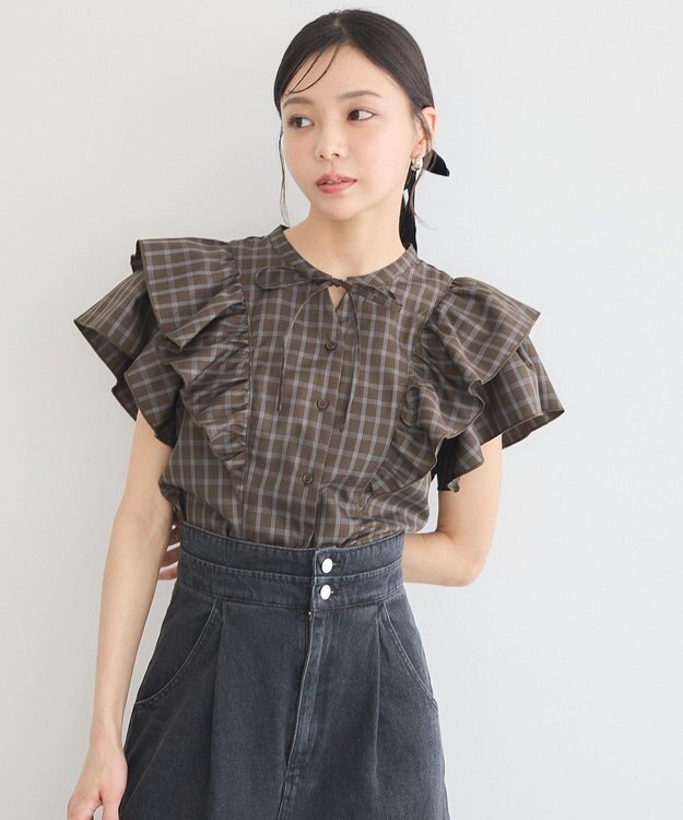 earth music&ecology フリルチェックブラウス Dark Brown
