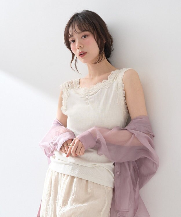 earth music&ecology ラメテレコショルダーレースタンクトップ Ivory